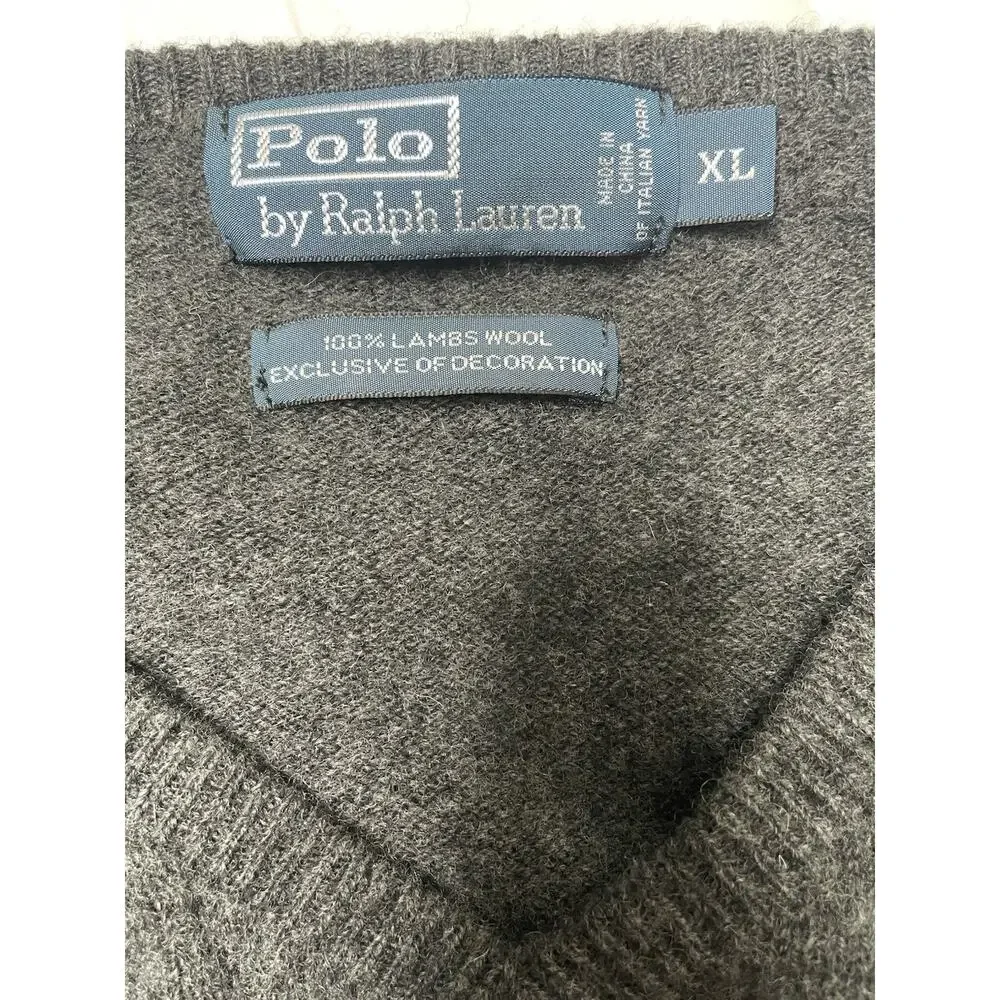 Polo Ralph Lauren Sweater Mens XL Gray 100% Lambswool V Neck Green Pony Logo